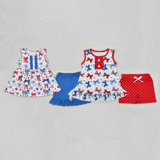 Baby Girl Sleeveless 4th Of July Bows Tunic Shorts Sibling Set Clothes RTS