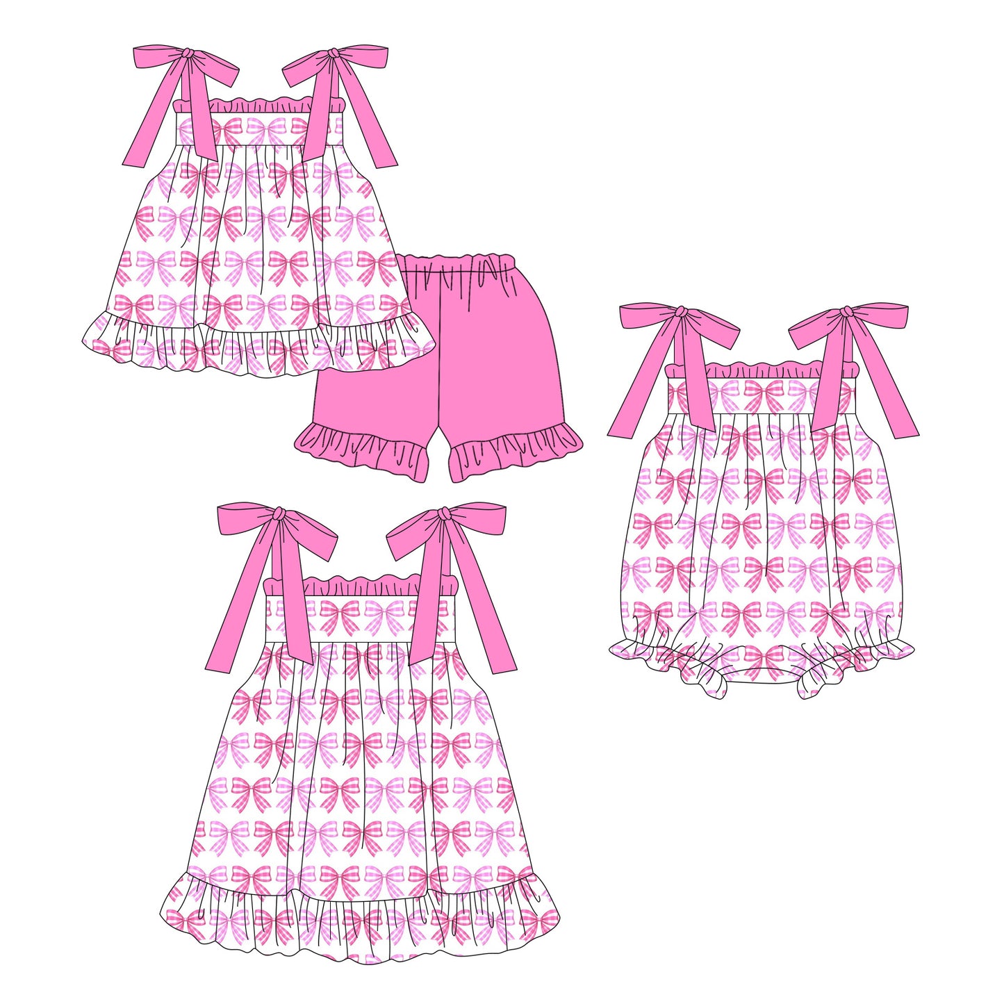 ( Moq 5 Each Style ) Sibling Baby Girls Kids Pink Bows Romper Dress Set Clothes