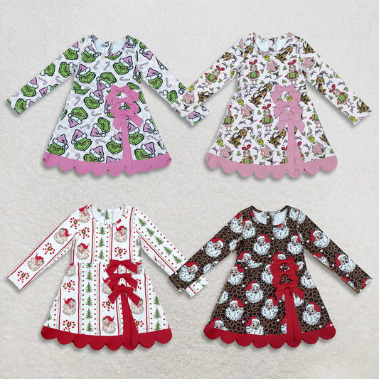 Sibling Baby Girls Kids Long Sleeves Christmas Bows Scallop Dresses Yoga Active Clothes RTS