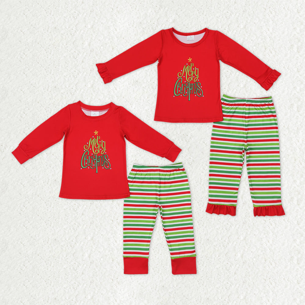 Sibling Boys Girls Kids Merry Christmas Red Shirt Stripes Pants Christmas Pajamas Set RTS