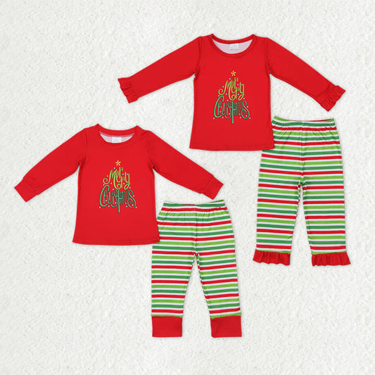 Sibling Boys Girls Kids Merry Christmas Red Shirt Stripes Pants Christmas Pajamas Set RTS