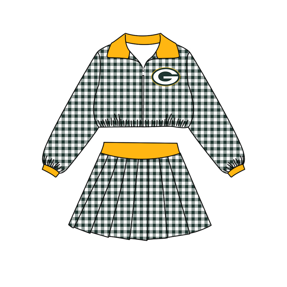 ( Moq 5 ) Baby Girls Kids Long Sleeves Plaid Zipper Tops Skirt Shorts Team Set Clothes