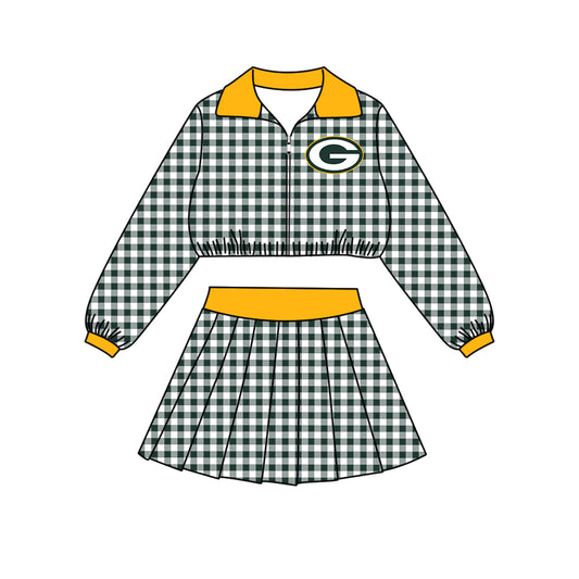 ( Moq 5 ) Baby Girls Kids Long Sleeves Plaid Zipper Tops Skirt Shorts Team Set Clothes