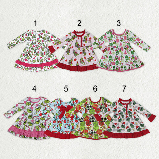 Sibling Baby Girls Kids Long Sleeves Green Face Christmas Ruffle Knee Length Dresses RTS