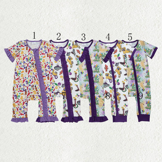 Sibling Baby Boys Girls Infant Short Sleeves Mardi Gras Anchors Crawfish Zipper Rompers RTS