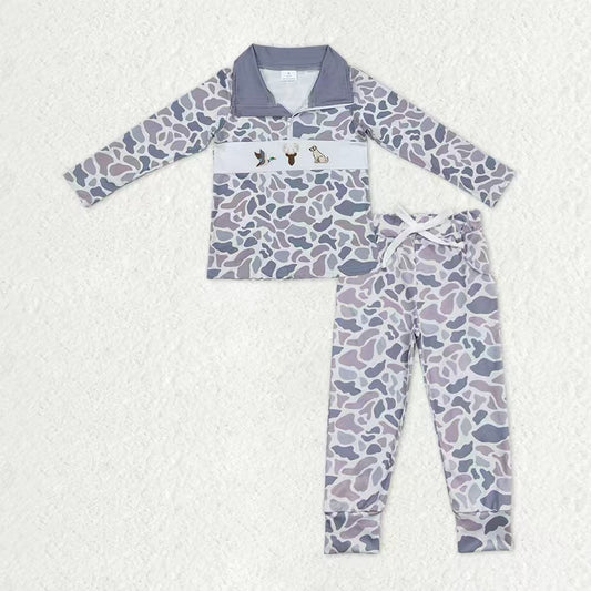 Baby Boys Embroidery Dogs Ducks Deer Shirt Pockets Pants Grey Camo Hunting Clothes Set
