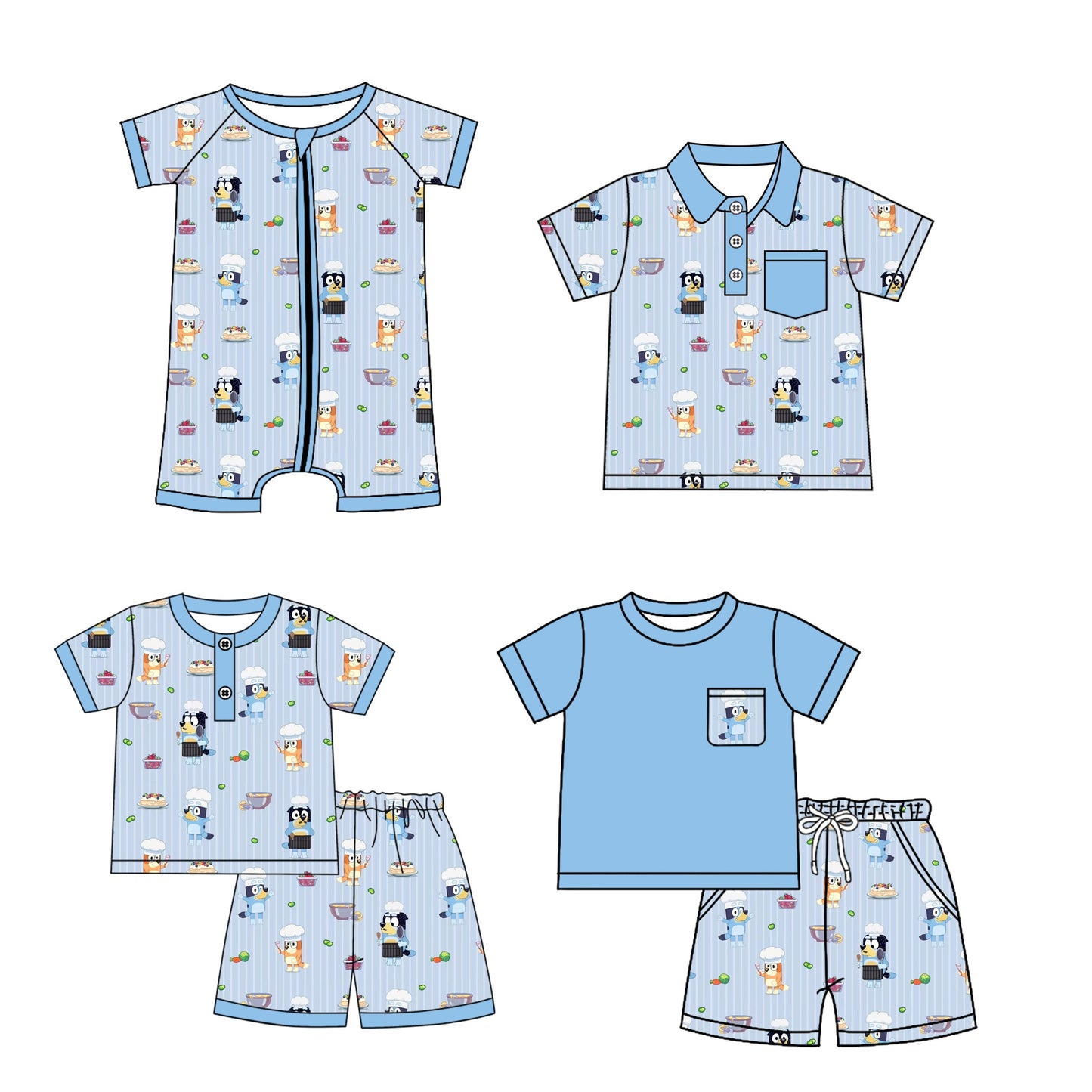 ( Moq 5 Each Style ) Baby Boy Short Sleeves Dogs Blue Sibling Romper Shirt Set 3.15