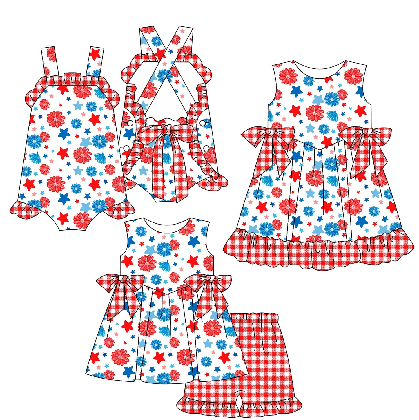 Baby Girl Straps July 4th Flower Bows Sibling Romper Dress Set ( Moq 5 Each Style ) 2.17