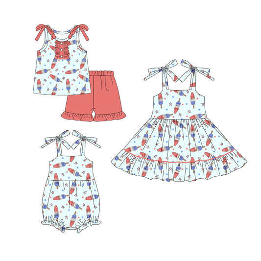 ( Moq 5 Each Style ) Baby Girl Popsicles 4th Of July Sibling Romper Dress Set 4.18