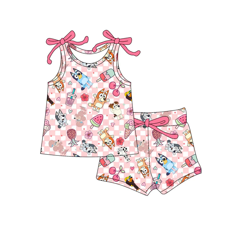 Baby Girl Bows Sleeveless Cartoon Dogs Popsicle Top Short Set ( Moq 5 )
