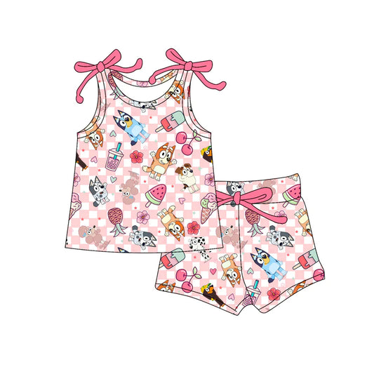 Baby Girl Bows Sleeveless Cartoon Dogs Popsicle Top Short Set ( Moq 5 )