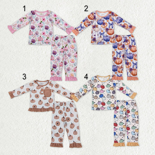Sibling Baby Girls Long Sleeves Pumpkins Shirt Ruffle Pants Fall Bamboo Pajamas Sets
