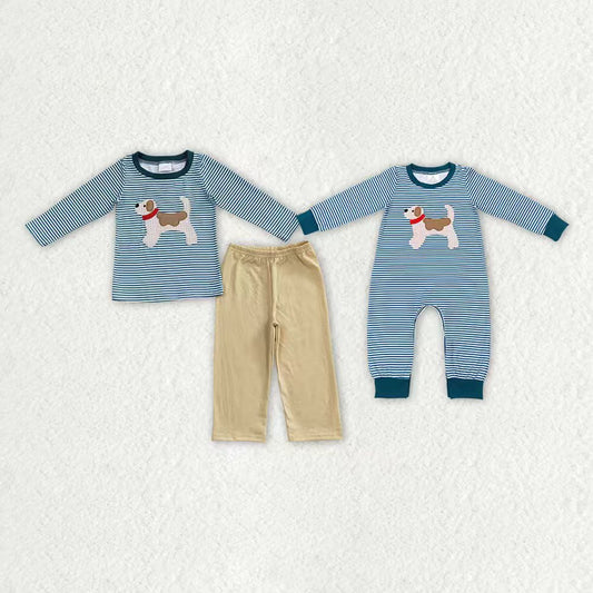 Sibling Baby Boys Long Sleeves Embroidery Dogs Stripes Romper Set Clothes RTS
