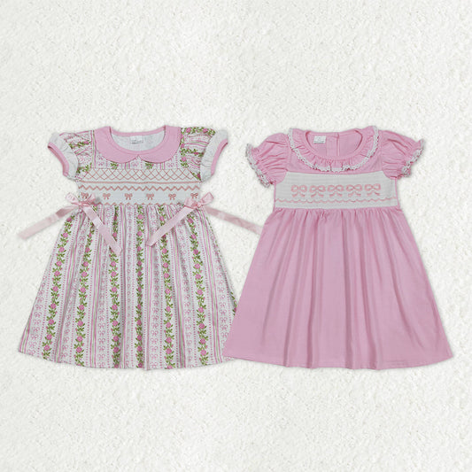 Sibling Baby Girls Short Sleeves Embroidery Bows Flower Smocked Knee Length Dress RTS