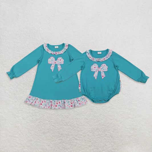 Sibling Baby Girl Long Sleeves Embroidery Floral Bow Ruffle Romper Dress RTS