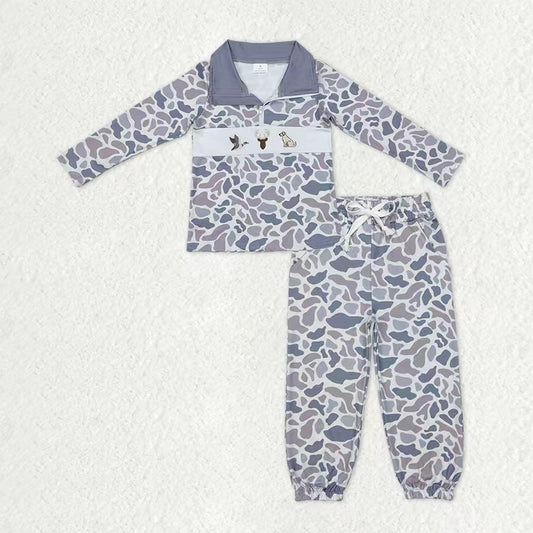Baby Boys Embroidery Dogs Ducks Deer Shirt Pockets Jogger Pants Grey Camo Hunting Clothes Set