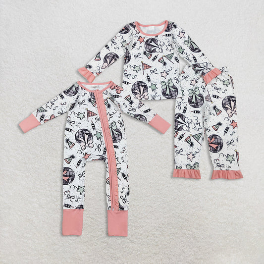 Sibling Baby Girl Long Sleeves Happy New Year Bows Zipper Footie Sleeper Romper Pajamas Set RTS