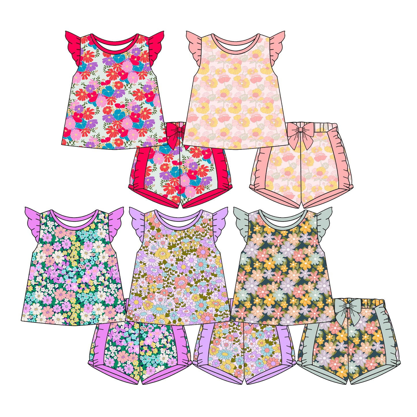 ( Moq 5 Each Style ) Sibling Baby Girls Kids Short Sleeves Flower Tops Bows Shorts Sets Summer Clothes