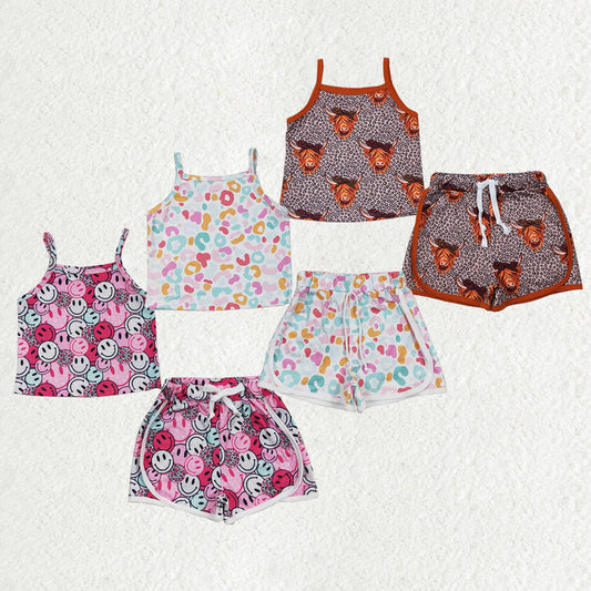 Baby Girl Sleeveless Smile Leopard Cow Shirt Shorts Clothes Sibling Summer Set