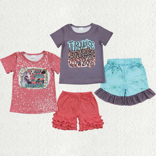 Baby Girl Short Sleeves Western Shirt Ruffle Shorts Sibling Clothes Set RTS