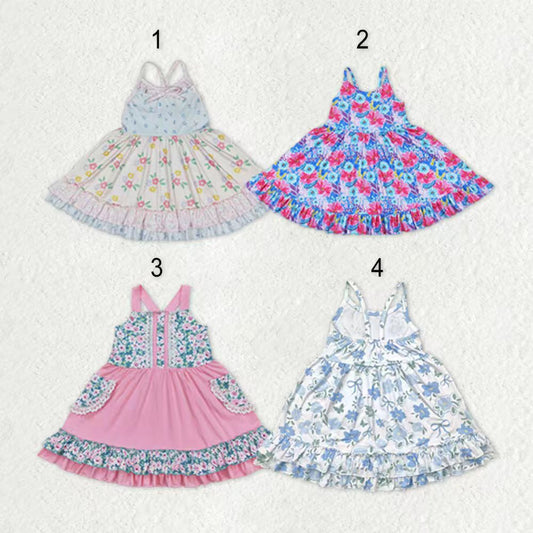 Sibling Baby Girls Strap Kids Flowers Ruffle Knee Length Dresses RTS