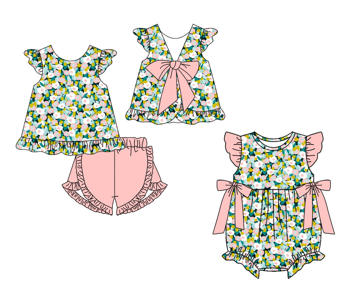 ( Moq 5 Each Style ) Sibling Baby Girls Kids Flower Bows Tops Shorts Set Romper Summer Clothes