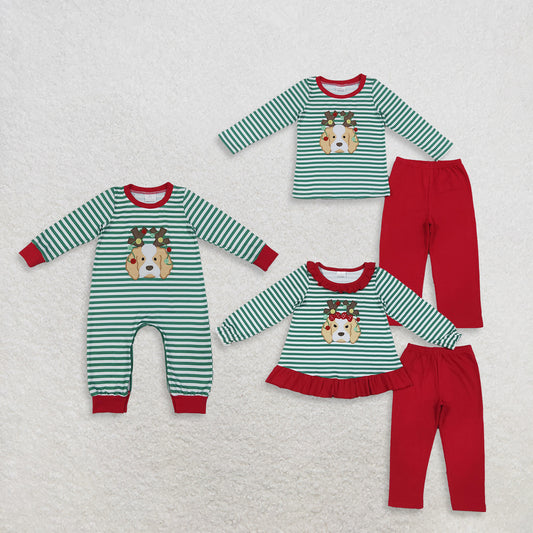 Sibling Baby Boys Girls Kids Embroidery Dog Stripes Tops Red Pants Sets Christmas Clothes RTS
