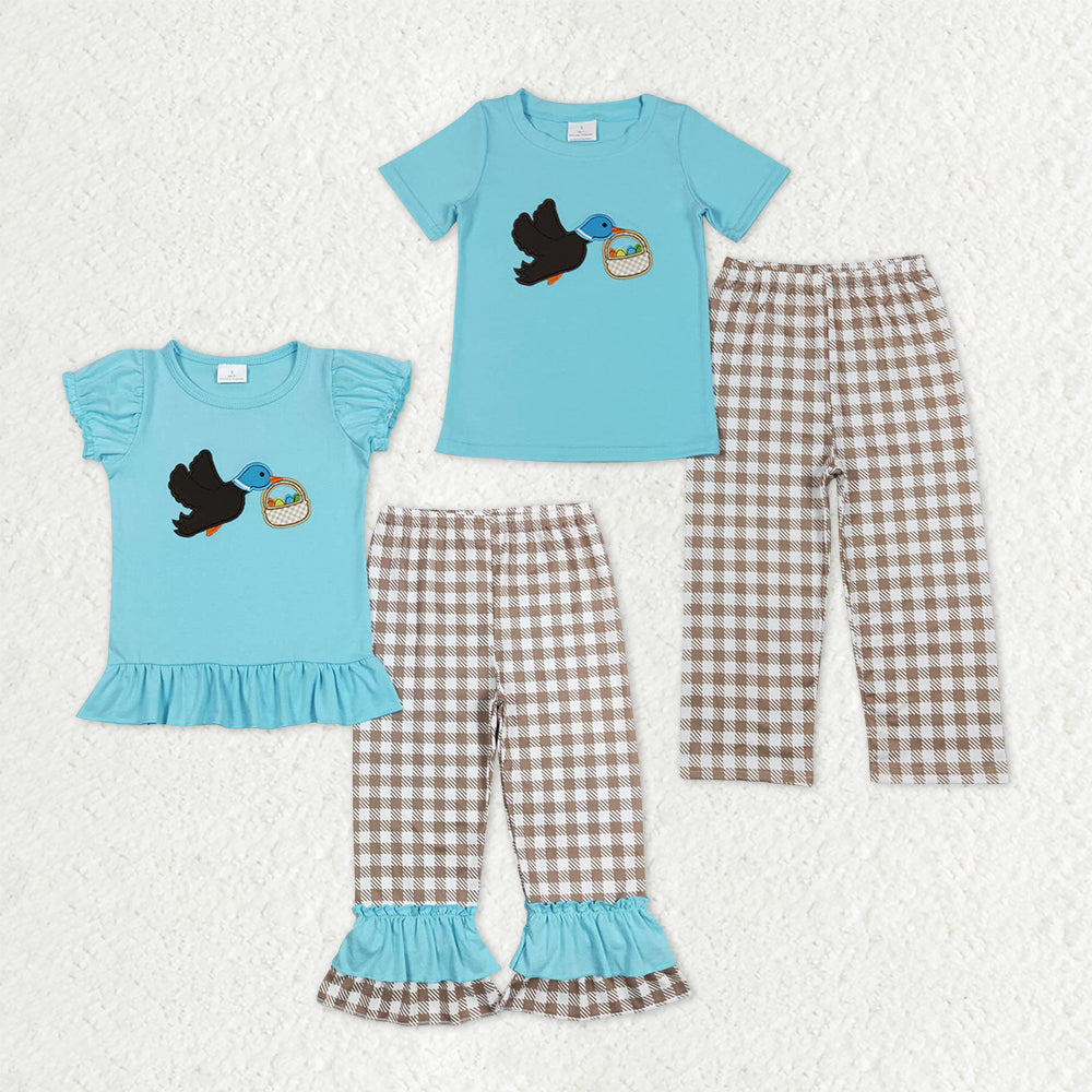 Sibling Baby Boys Girls Short Sleeves Embroidery Ducks Eggs Shirt Plaid Pants Easter Sets RTS