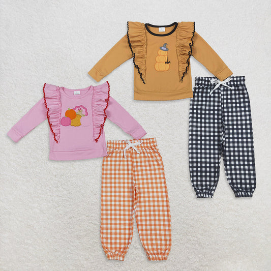 Sibling Baby Girls Long Sleeves Embroidery turkey Pumpkins Shirt Plaid Pants Set RTS