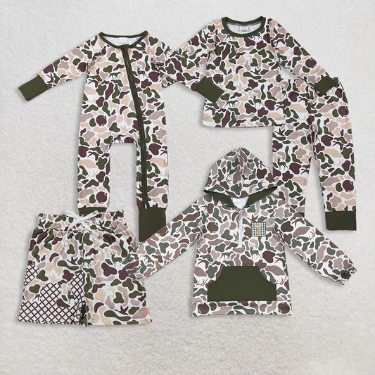 Sibling Baby Boy Long Sleeves Ducks Dogs Camo Hunting Romper Hoodie Shirt Shorts Pajamas Set RTS