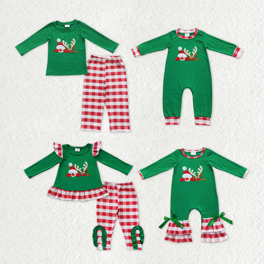 Sibling Boys Girls Kids Embroidery Santa Deer Christmas Romper Sets Clothes RTS