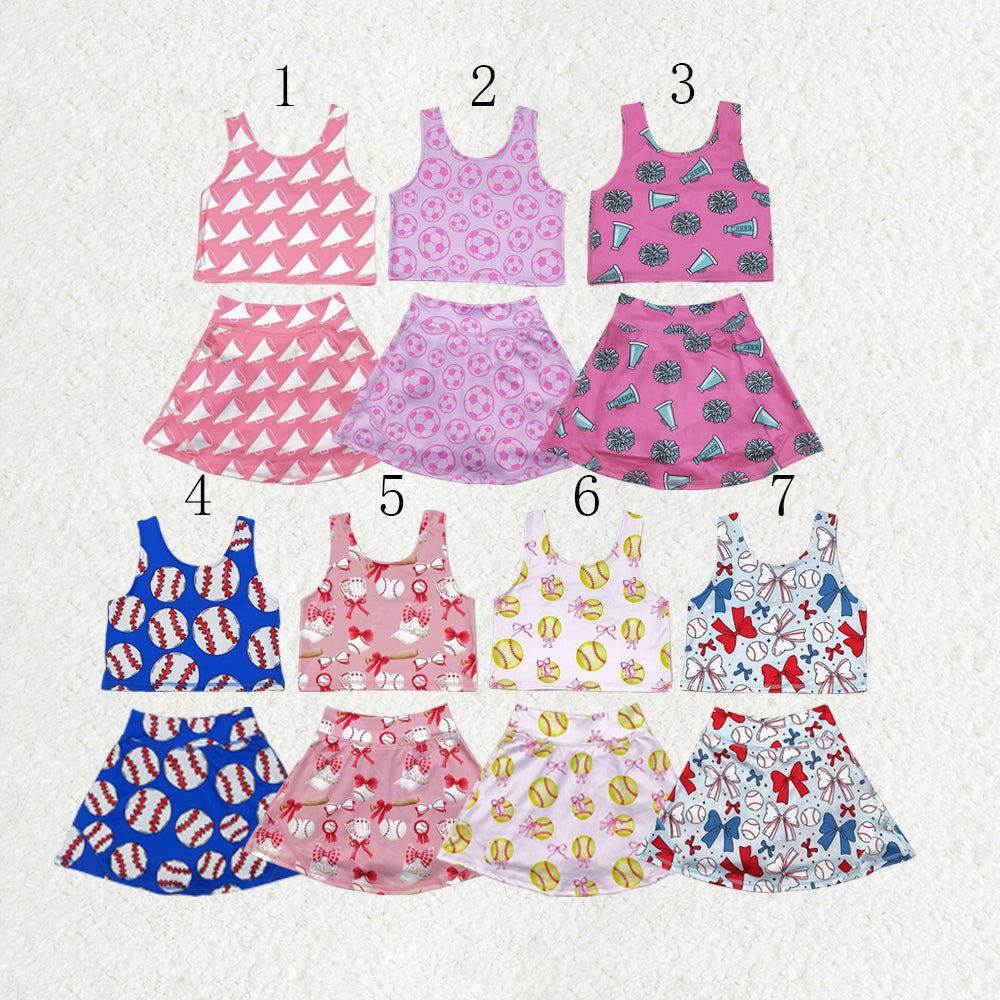 Baby Girl Sleeveless Bows Baseball Cheer Yoga Active Wear Sibling Skort Set Clothes RTS