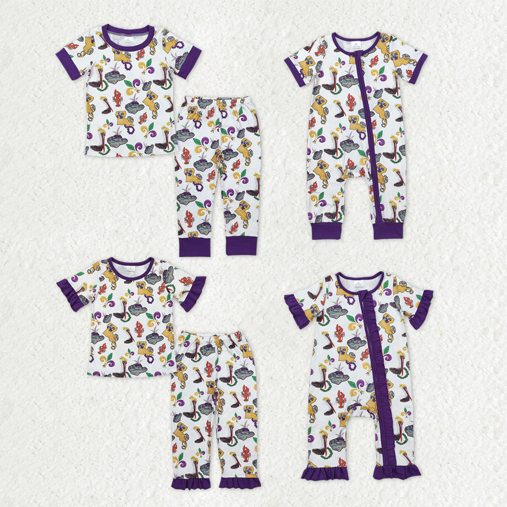 Sibling Boys Girls Toddler Short Sleeves Mardi Gras Crayfish Romper Pajamas Set Clothes RTS