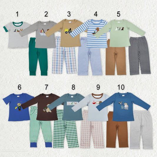 Sibling Baby Boys Embroidery Dogs Ducks Shirt Pockets Pants Hunting Clothes Sets RTS