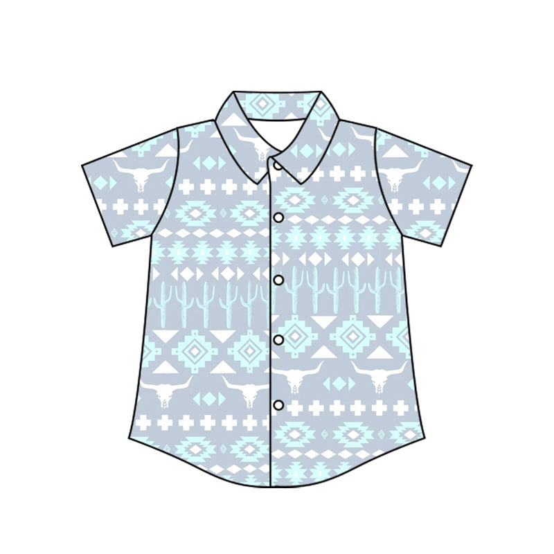 ( Moq 5 ) Baby Boy Short Sleeves Bull Skull Aztec Button Shirts Tops