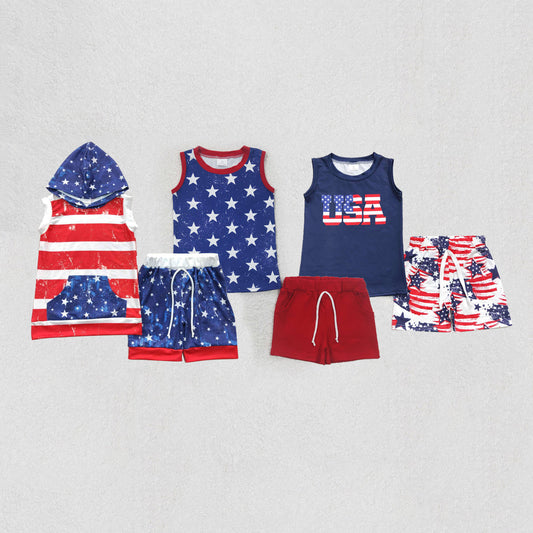Baby Boy Sleeveless Stars Stripes Shirt Shorts Sibling 4th Of July Set RTS