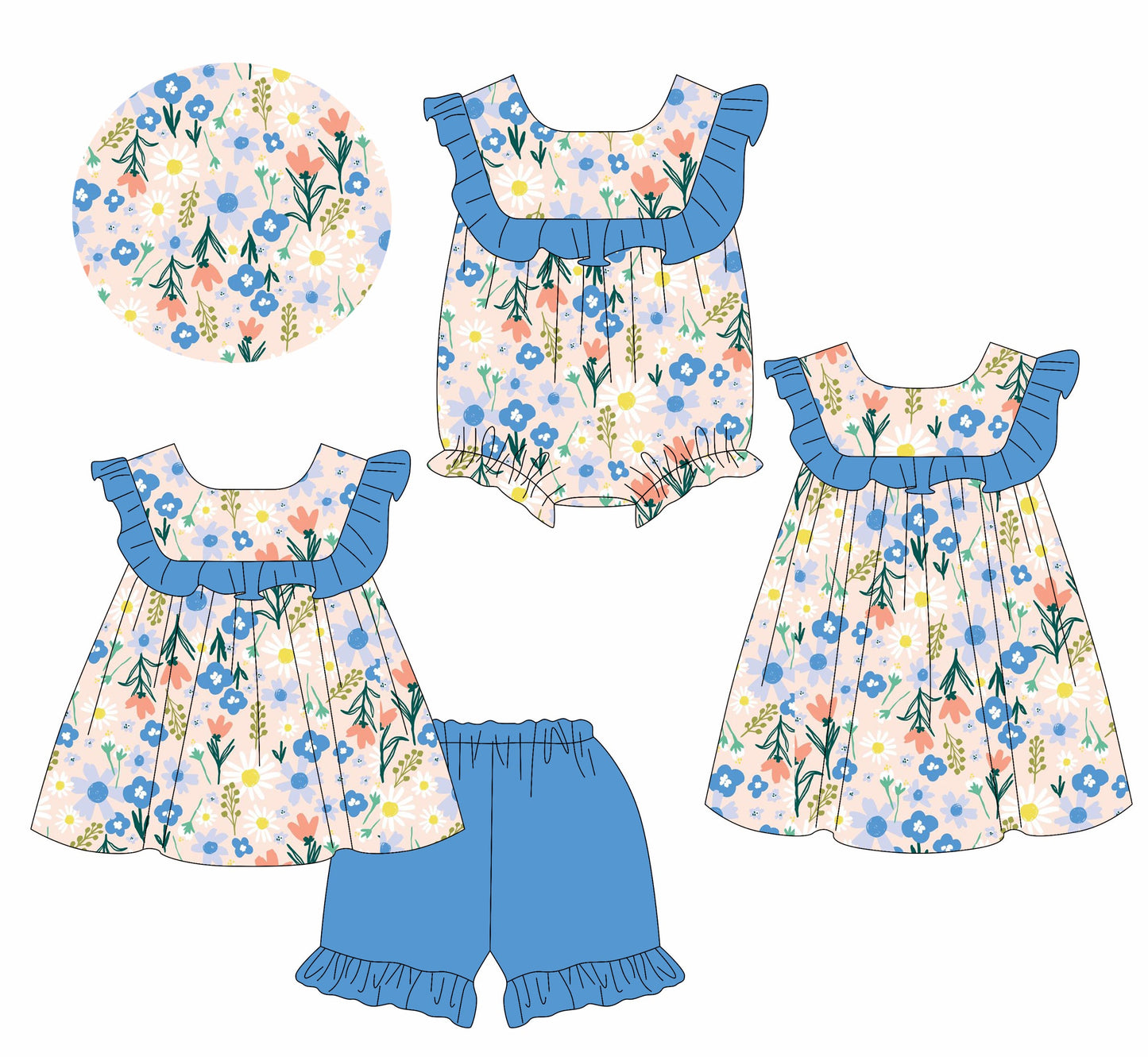 Baby Girl Flower Blue Ruffle Kids Sibling Romper Dress Set ( Moq 5 Each Style ) 1.11