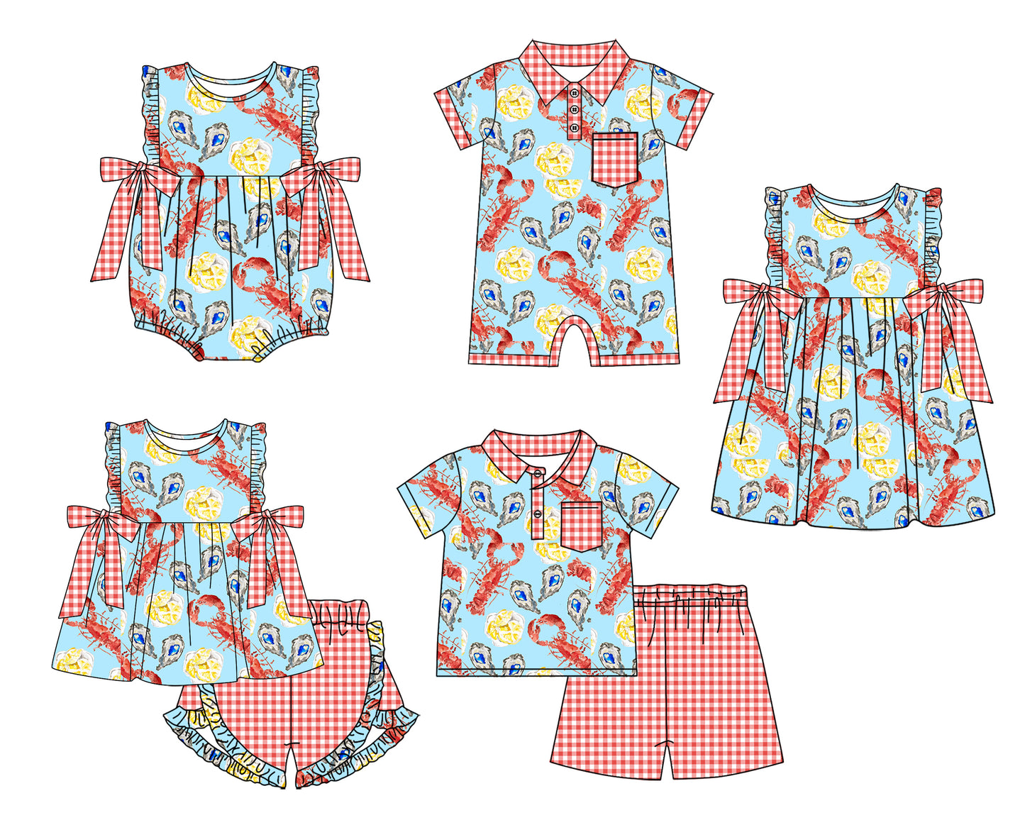 Baby Boy Girl Crawfish Plaid Sibling Dress Romper Clothes Set ( Moq 5 Each style )11.30