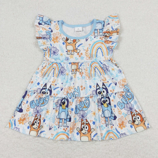 Baby Girl Flutter Short Sleeves Dogs Rainbow Floral Tunic Tops
