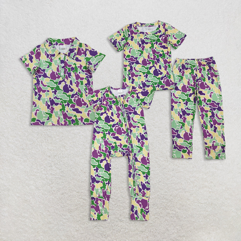 Sibling Baby Boys Camo Short Sleeves Mardi Gras Buttons Shirt Zipper Romper Pajamas Set RTS