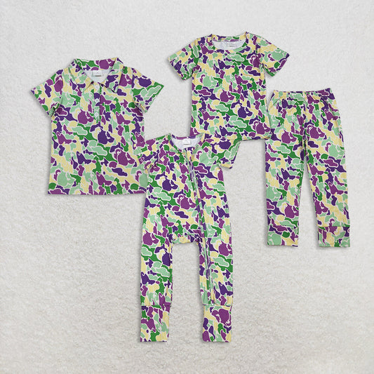 Sibling Baby Boys Camo Short Sleeves Mardi Gras Buttons Shirt Zipper Romper Pajamas Set RTS