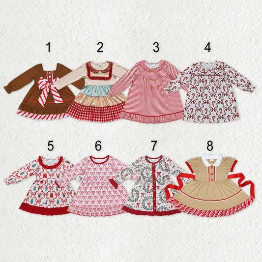 Sibling Baby Girls Kids Candy Cane Christmas Ruffle Knee Length Dresses RTS