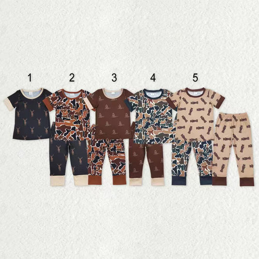 Boys Kids Short Sleeves Camo Deer Ducks Shirt Pants Sibling Bamboo Pajamas Clothes Set RTS