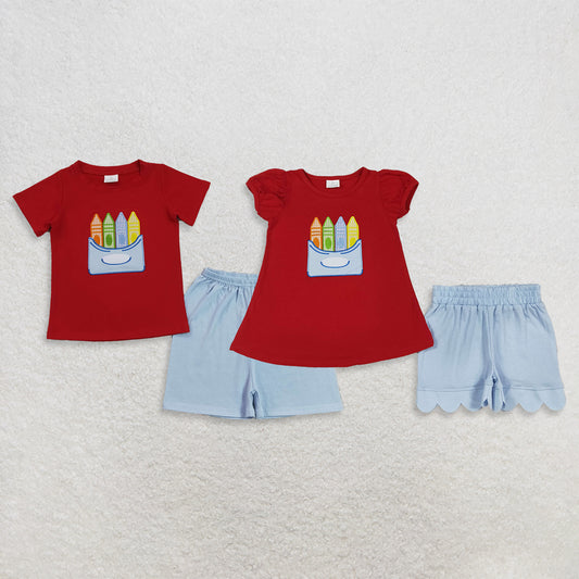 Sibling Baby Boys Girls Kids Embroidery Pencil Red Tops Shorts Back to School Sets RTS