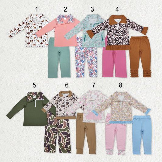 Sibling Boys Girls Leopard Flower Ducks Football Zipper Pullover Tops Pants Clothes Set RTS