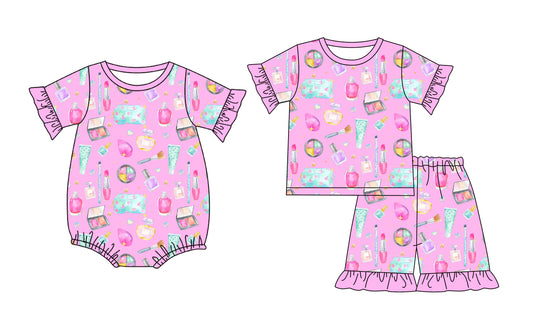 ( Moq 5 Each Style ) Sibling Baby Girls Kids Short Sleeves Tops Shorts Pink Set Romper