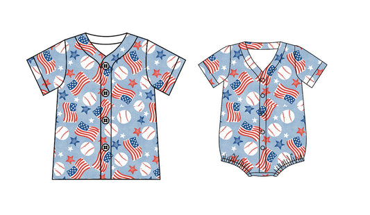 ( Moq 5 Each Style ) Baby Boys Kids Baseball Flags Stars Sibling 4th of July Shirt Set Clothes