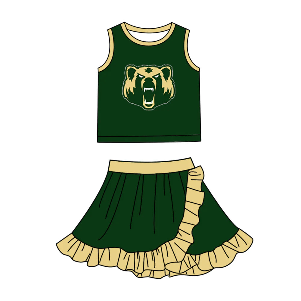 ( Moq 5 Each Style ) Sibling Baby Girls Kids Sleeveless Bears Team Shirt Skirt Shorts Sets Green Clothes