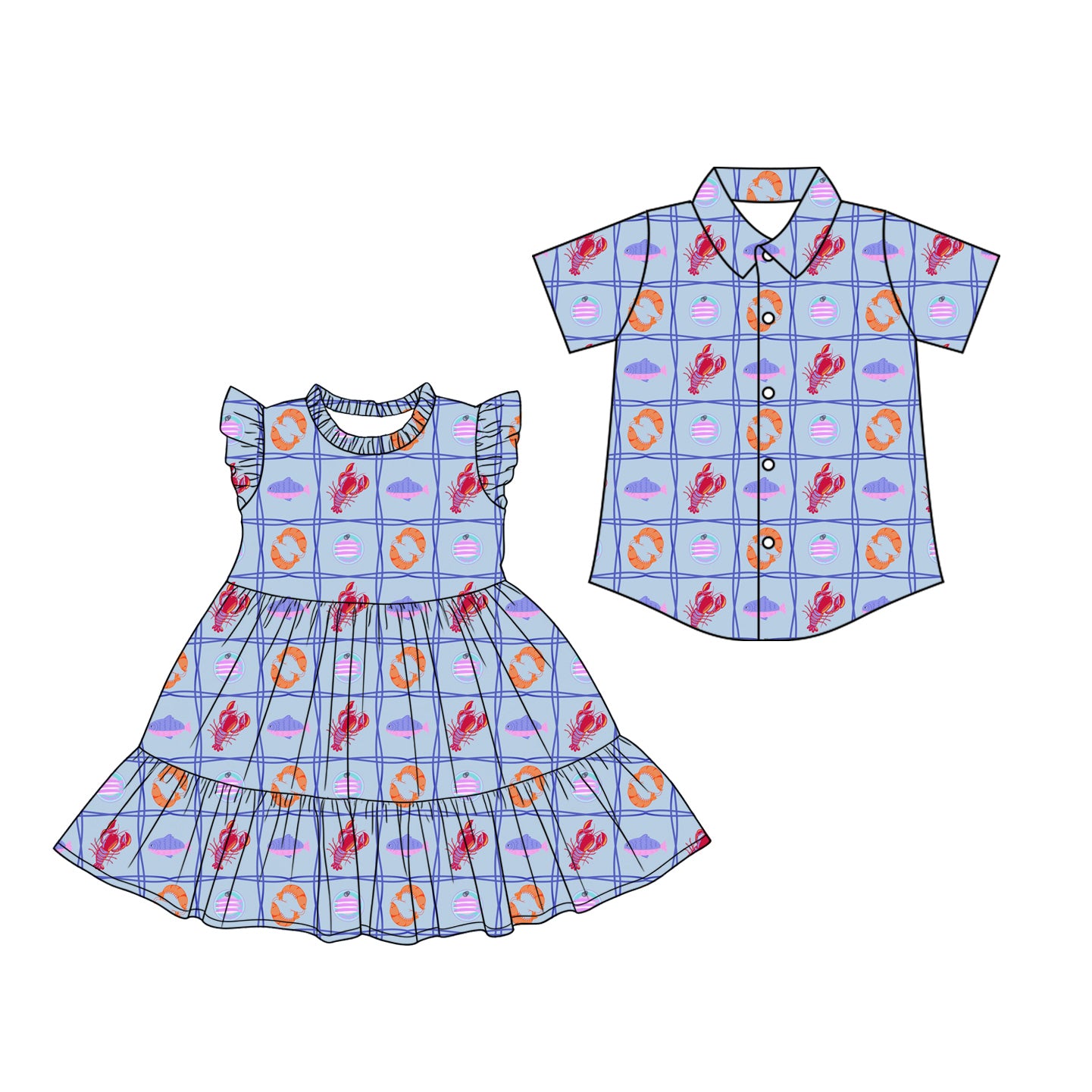 ( Moq 5 Each Style ) Baby Boys Girls Kids Crawfish Shirt Dress Sibling Summer Clothes