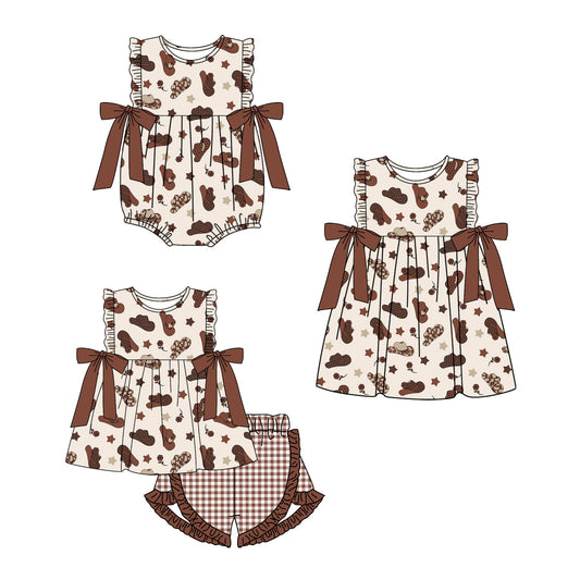 ( Moq 5 Each Style ) Baby Girl Western Hats Bows Sibling Romper Dress Set 3.29